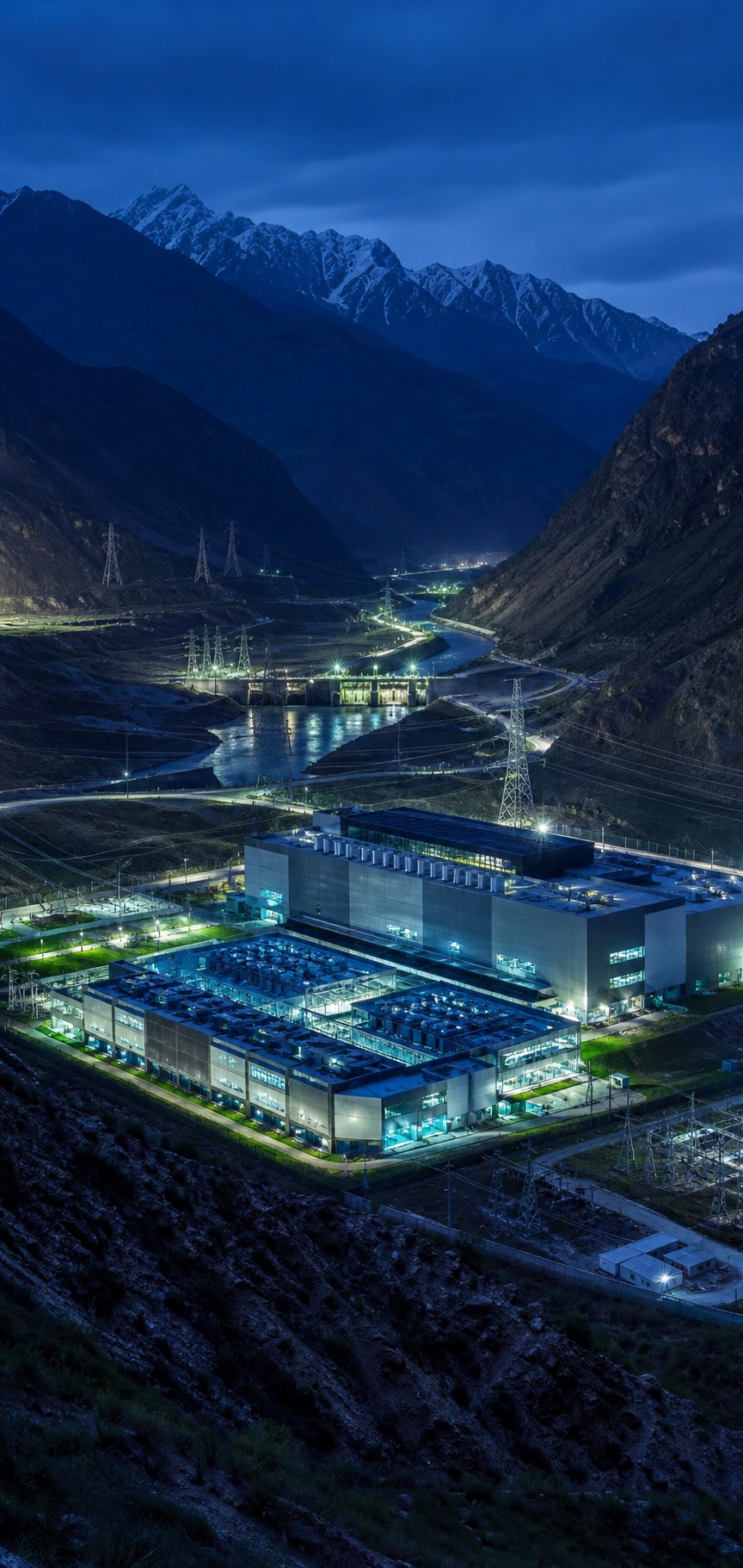Hydroelectric infrastructure powering a high performance computing campus in a mountain valley